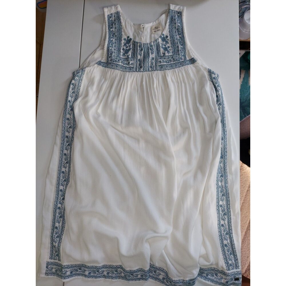 O'Neill White Mini Sleeveless Dress Blue Embroidery Coastal Boho Americana